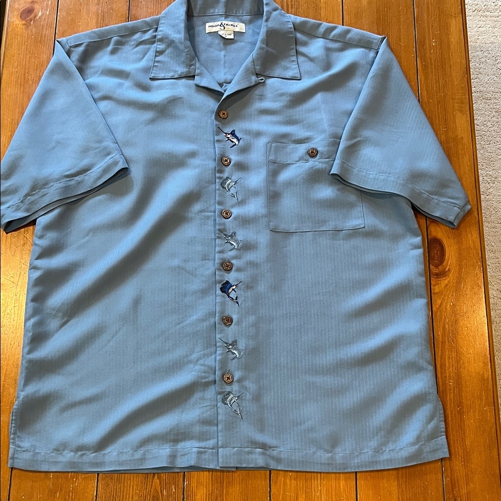 Hook & Tackle Slate Blue Marlin Embroidered Placard Short Sleeve Shirt Size M